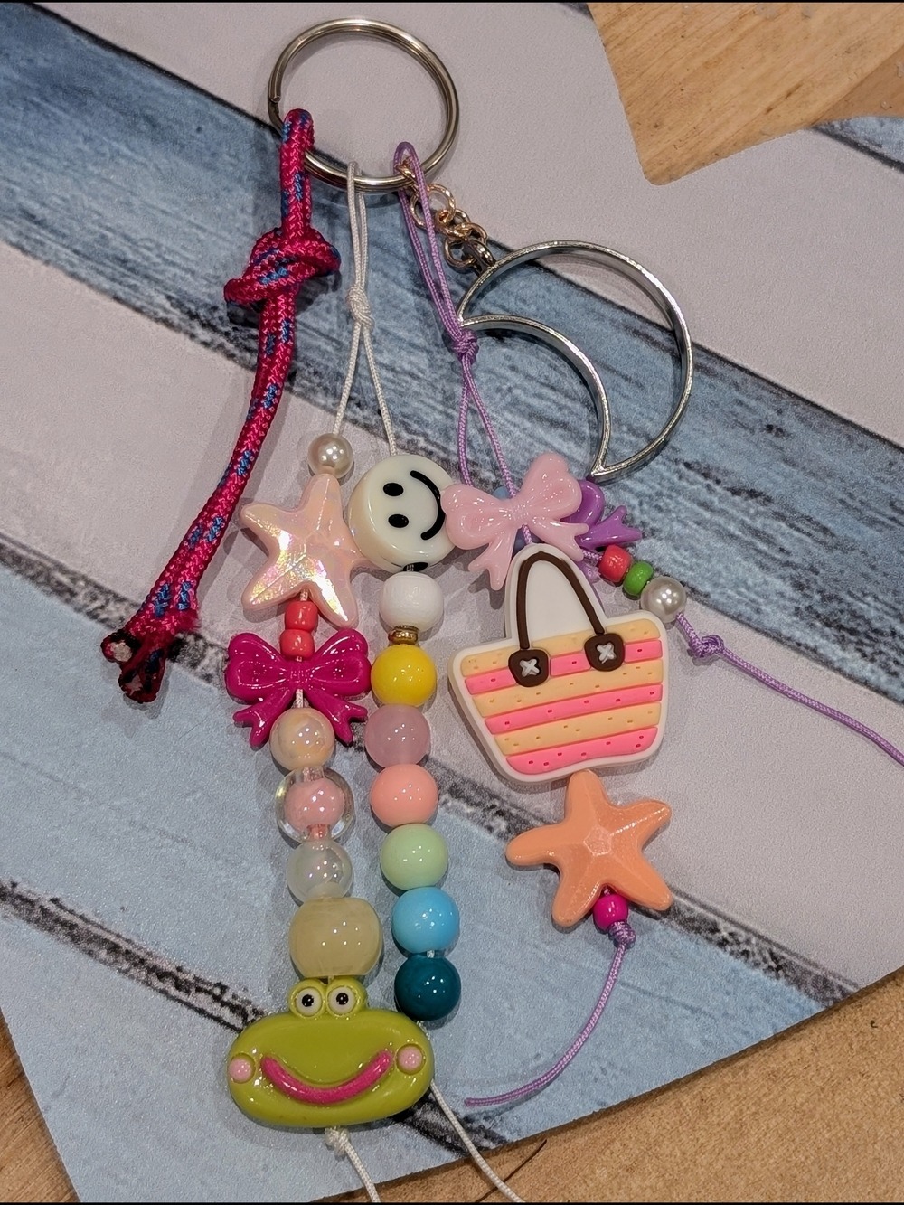 Pastel Charm Keychain Pink Striped Bag Frog